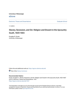 Slavery, Secession, and Sin: Religion and Dissent in the Upcountry South, 1820-1865