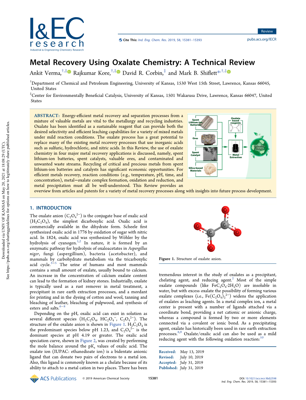 Metal Recovery Using Oxalate Chemistry: a Technical Review Ankit Verma,†,‡ Rajkumar Kore,†,‡ David R