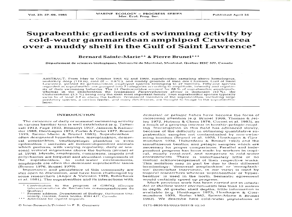 Suprabenthic Gradients of Swimming Activity by Cold-Water Gammaridean Amphipod Crustacea Over a Muddy Shelf in the Gulf of Saint Lawrence*