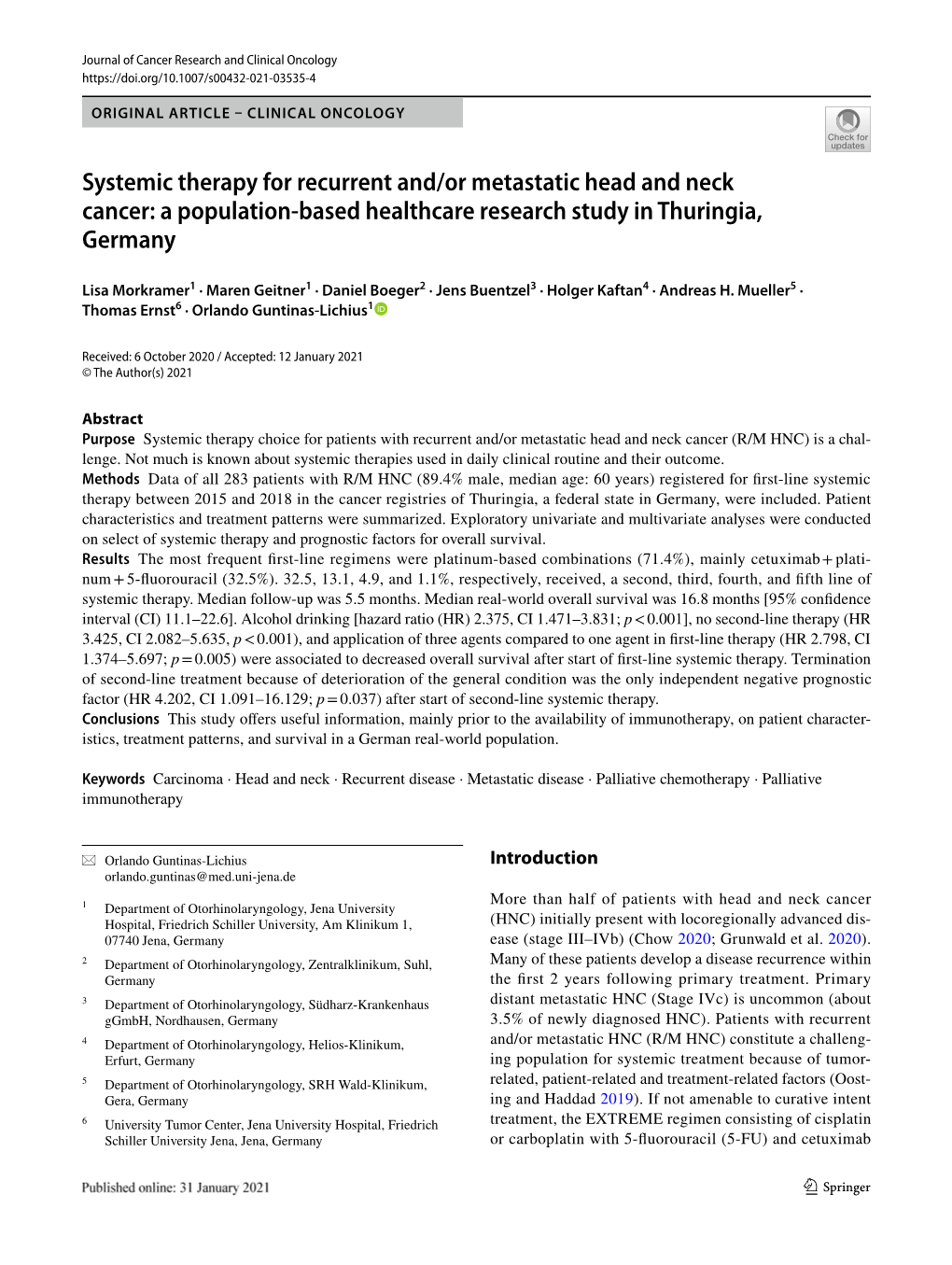 Systemic Therapy for Recurrent And/Or Metastatic Head and Neck Cancer: a Population‑Based Healthcare Research Study in Thuringia, Germany