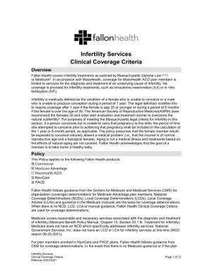 Infertility Services Clinical Coverage Criteria Overview Fallon Health Covers Infertility Treatments As Outlined by Massachusetts General Law1,2,3,4 Or Medicare5