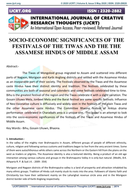 Socio-Economic Significances of the Festivals of the Tiwas and the the Assamese Hindus of Middle Assam