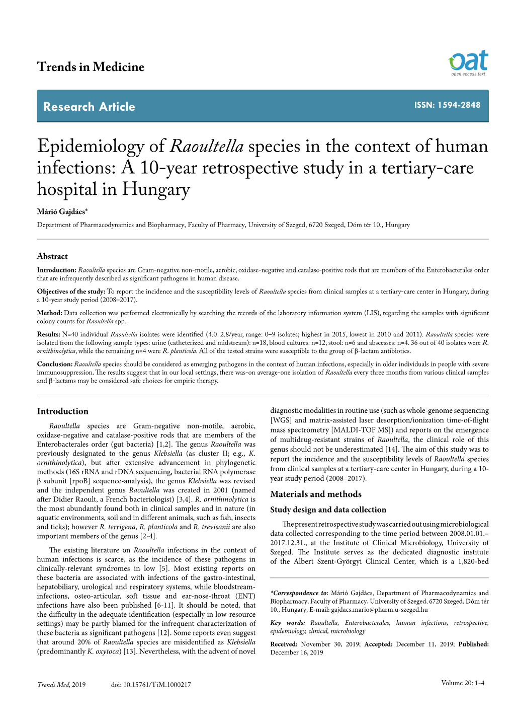 Epidemiology of Raoultella Species in the Context of Human Infections