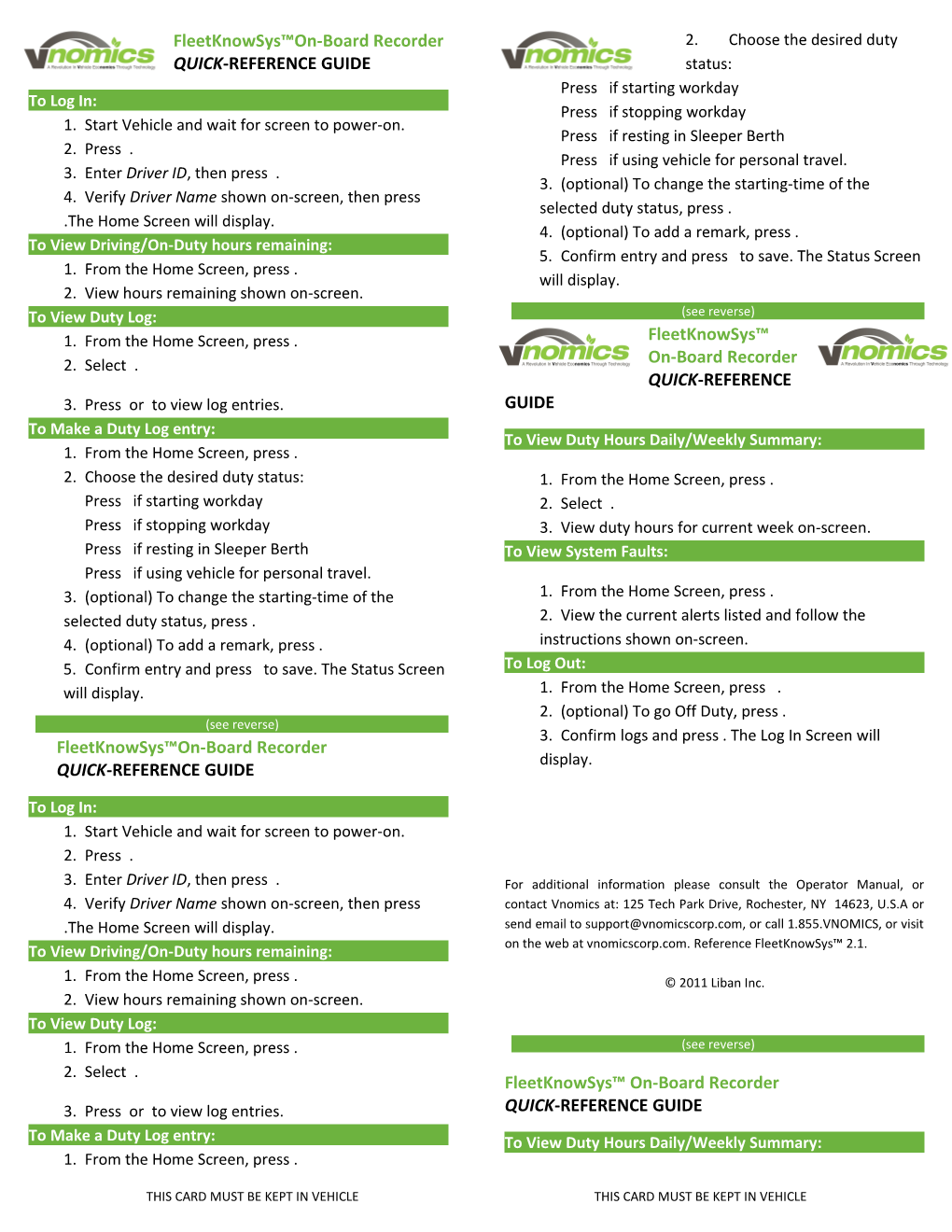 Fleetknowsys On-Board Recorder Quick-Reference Guide