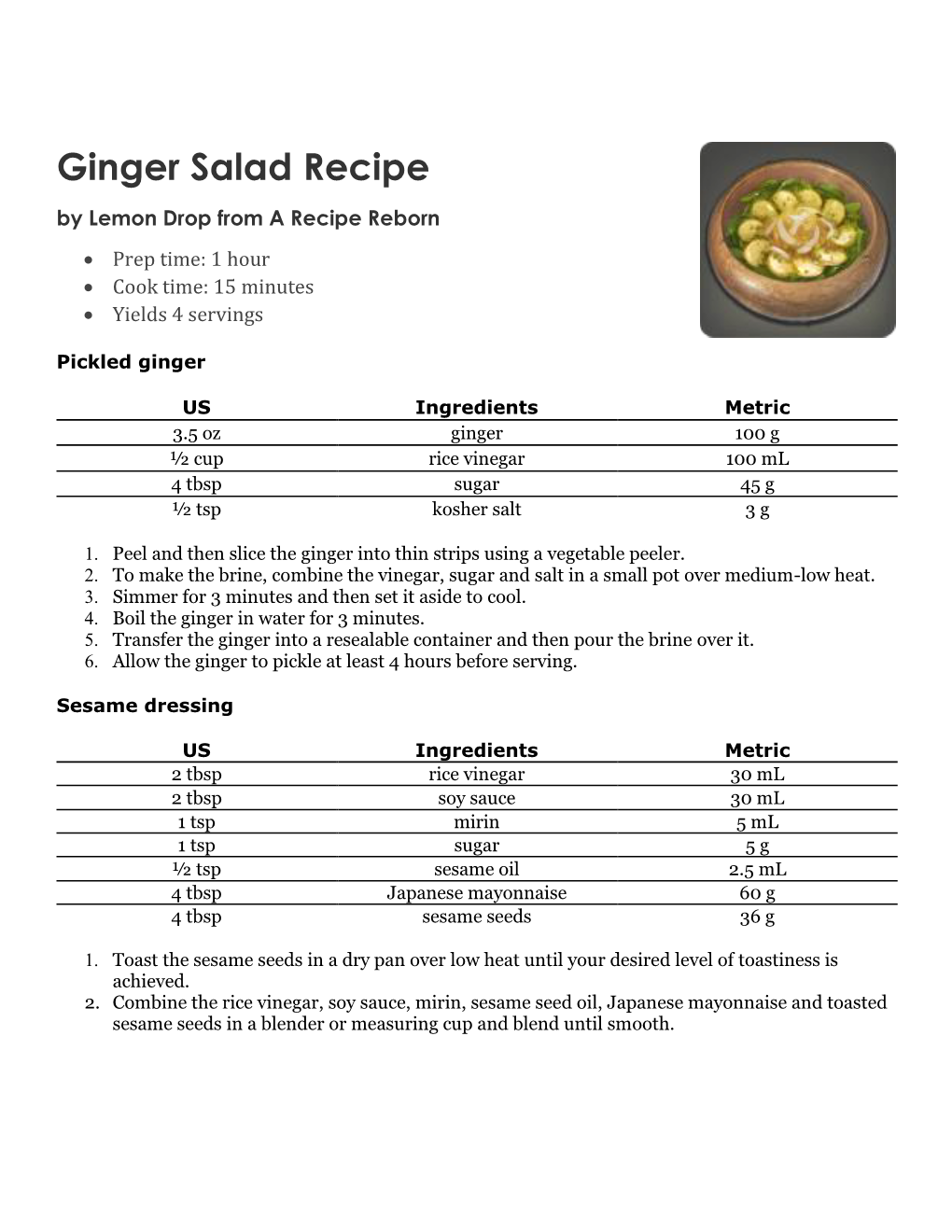 Ginger Salad Recipe by Lemon Drop from a Recipe Reborn • Prep Time: 1 Hour • Cook Time: 15 Minutes • Yields 4 Servings