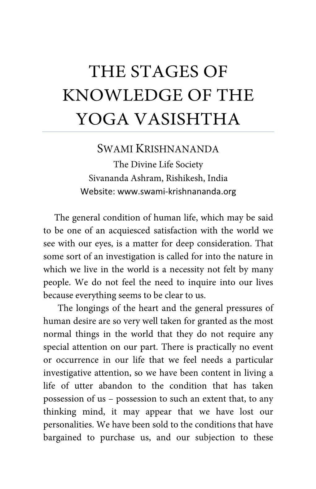 The Stages of Knowledge of the Yoga Vasishtha