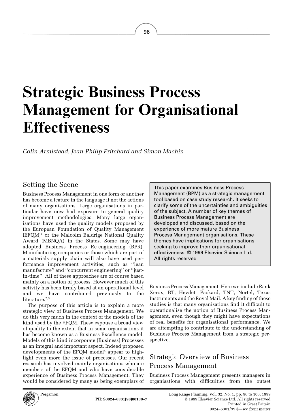 Strategic Business Process Management for Organisational Effectiveness