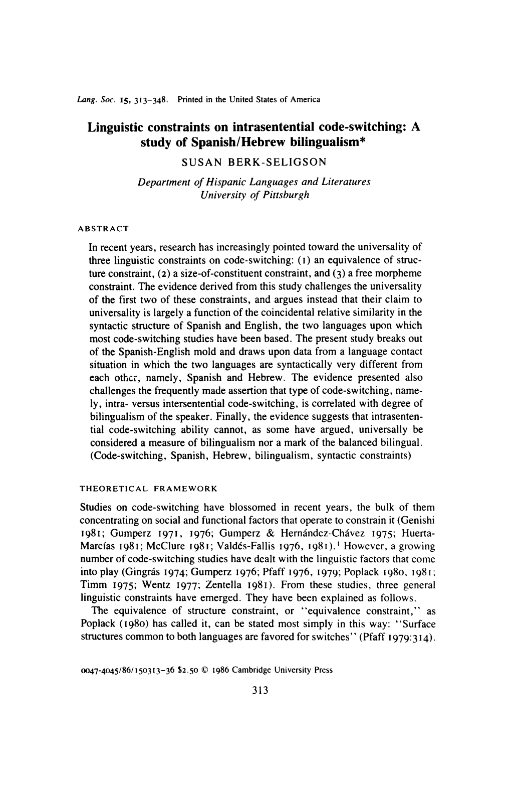 Linguistic Constraints on Intrasentential Code-Switching