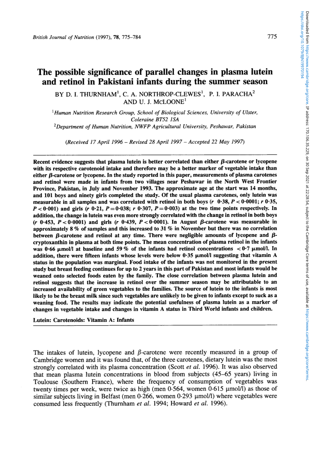 The Possible Significance of Parallel Changes in Plasma Lutein and Retinol in Pakistani Infants During the Summer Season by D