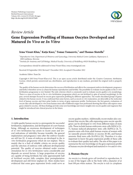 Gene Expression Profiling of Human Oocytes Developed and Matured in Vivo Or in Vitro