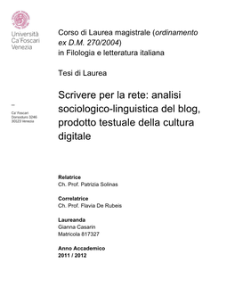 Analisi Sociologico-Linguistica Del Blog, Prodotto Testuale Della Cultura Digitale