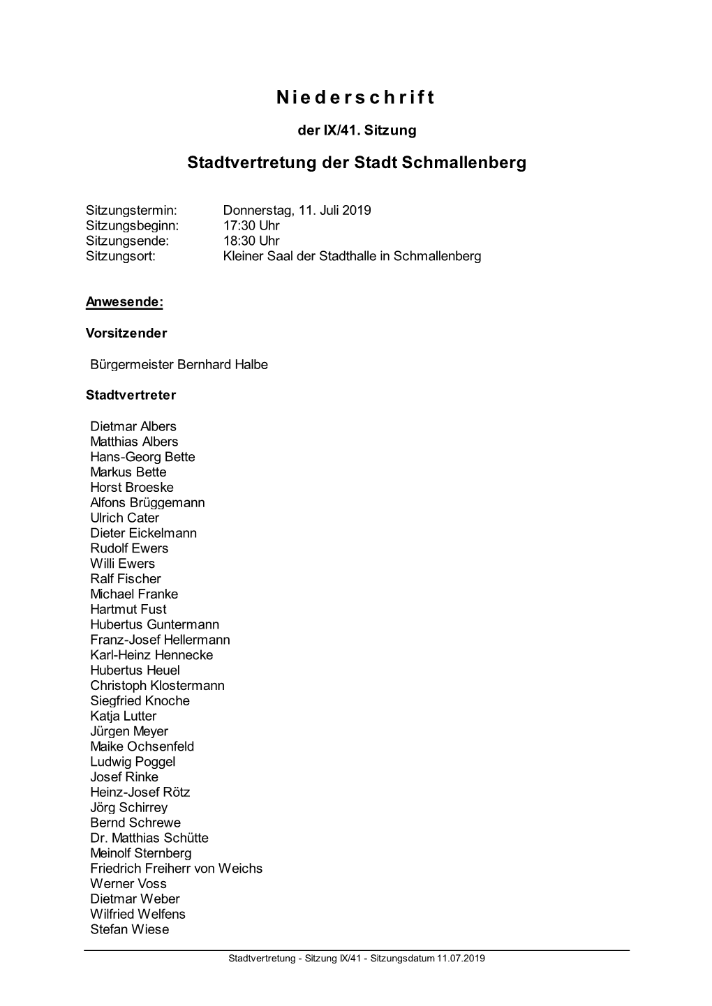 Stadtvertretung Der Stadt Schmallenberg