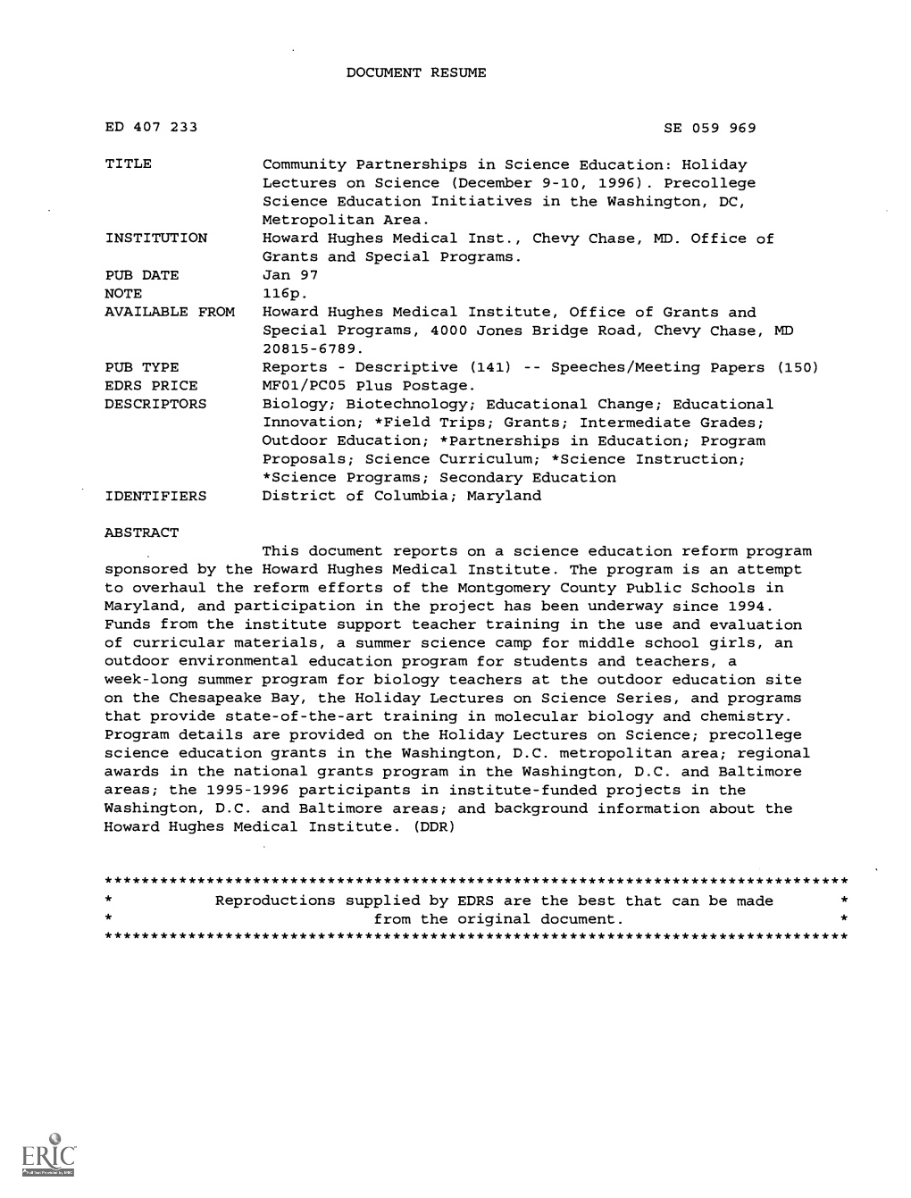 Holiday Lectures on Science (December 9-10, 1996). Precollege Science Education Initiatives in the Washington, DC, Metropolitan Area