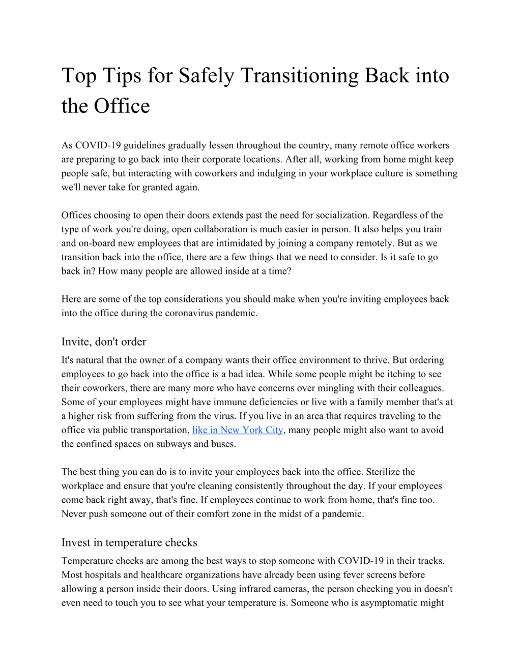 Top Tips for Safely Transitioning Back Into the Office