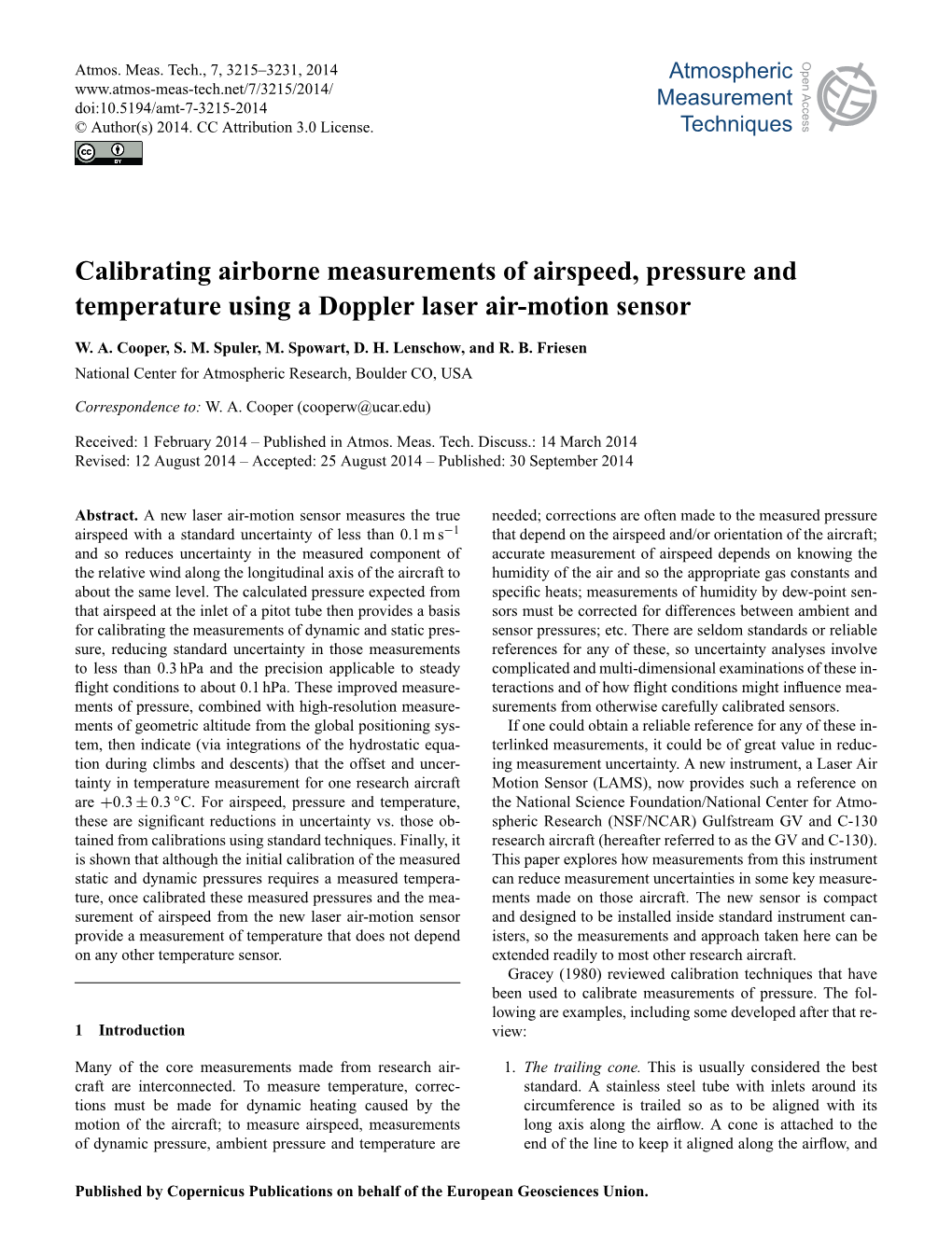 Calibrating Airborne Measurements of Airspeed, Pressure and Temperature Using a Doppler Laser Air-Motion Sensor