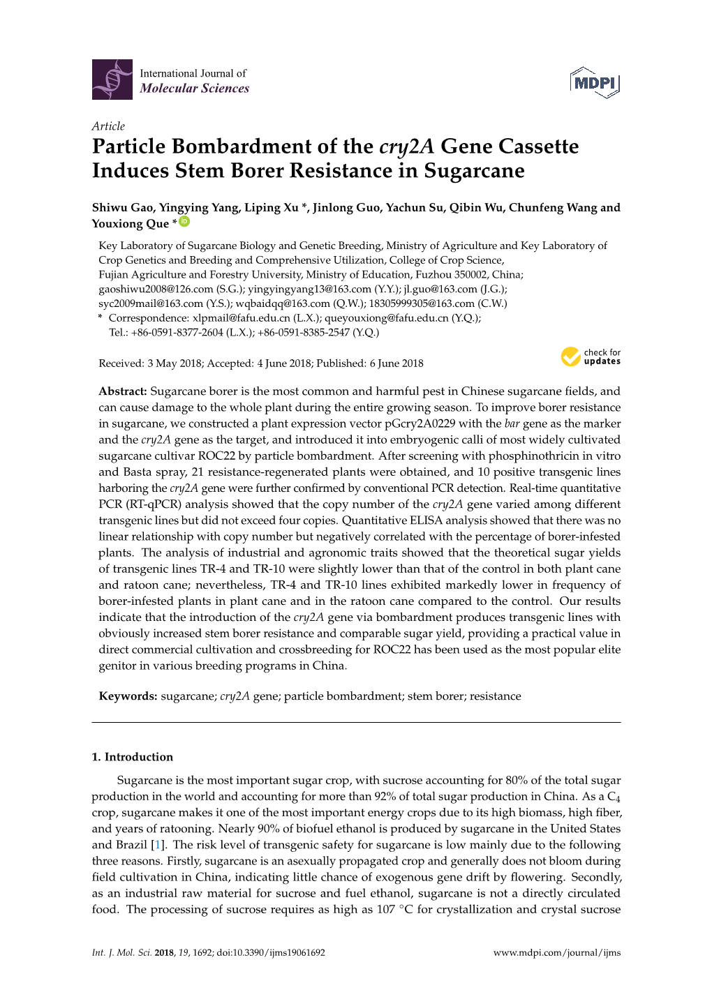 Particle Bombardment of the Cry2a Gene Cassette Induces Stem Borer Resistance in Sugarcane