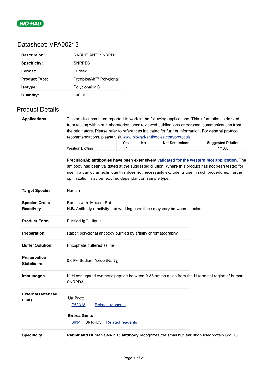 Datasheet: VPA00213 Product Details