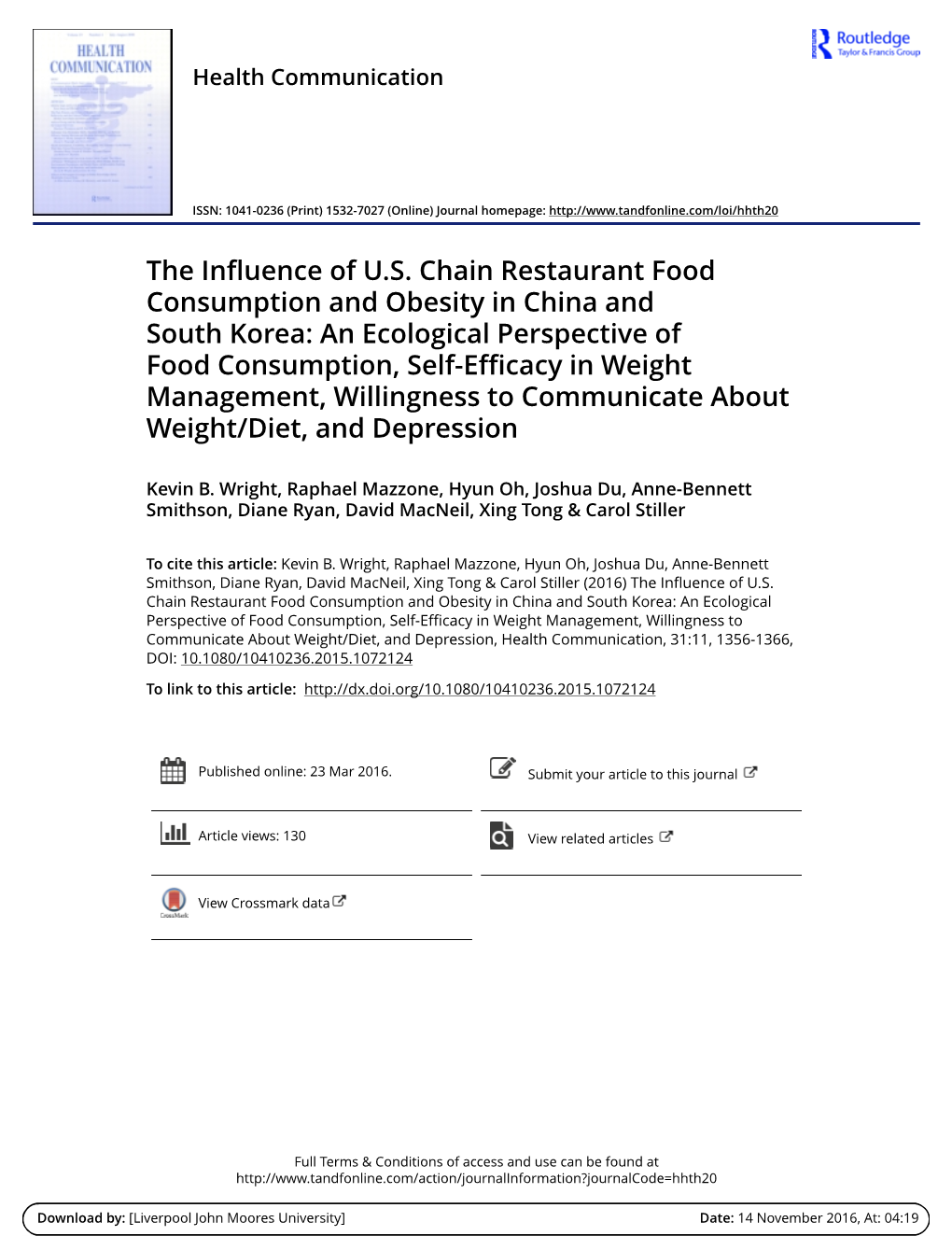 The Influence of U.S. Chain Restaurant Food Consumption and Obesity in China and South Korea: an Ecological Perspective of Food