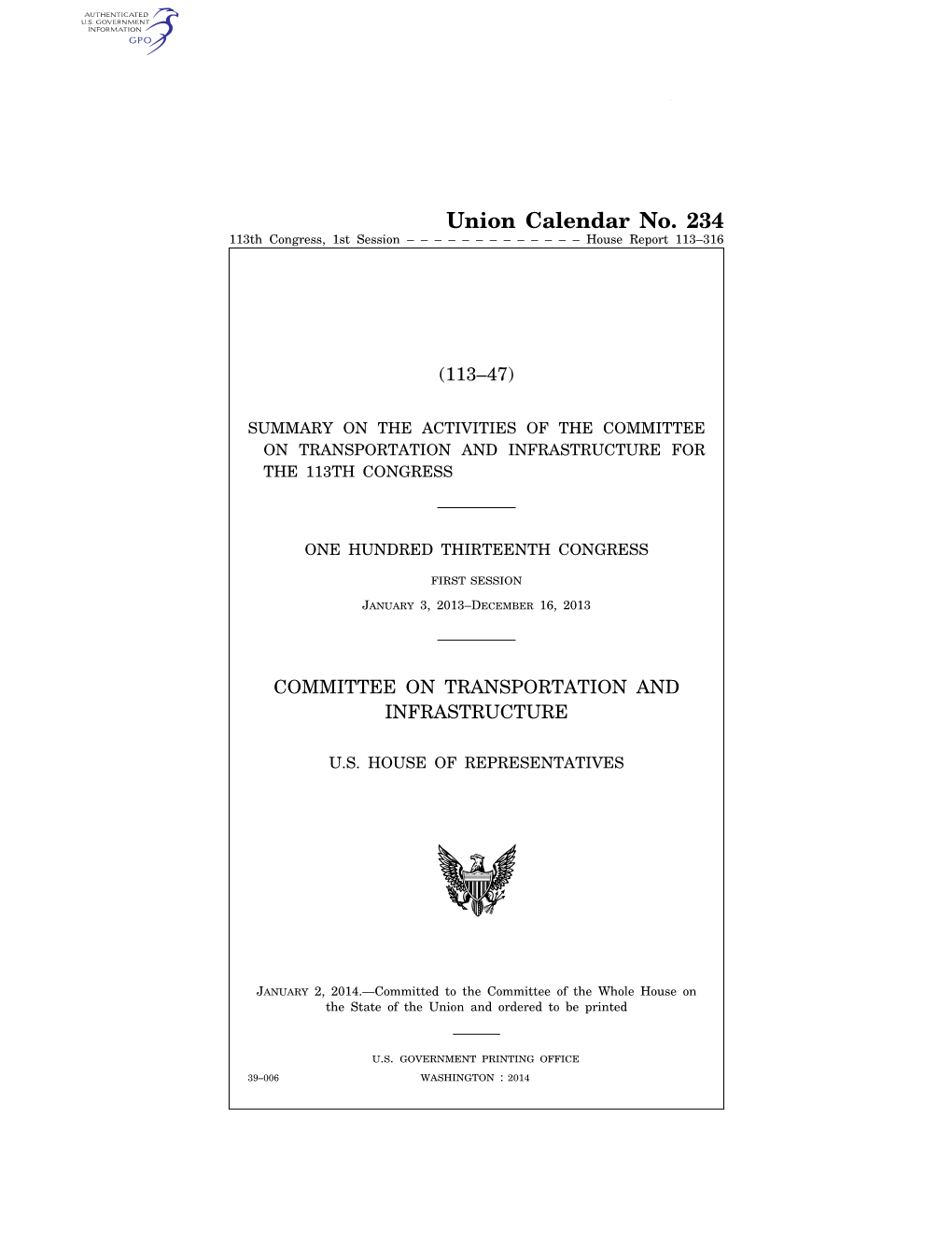 Union Calendar No. 234 113Th Congress, 1St Session – – – – – – – – – – – – – House Report 113–316