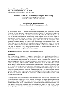 Positive Forces of Life and Psychological Well-Being Among Corporate Professionals