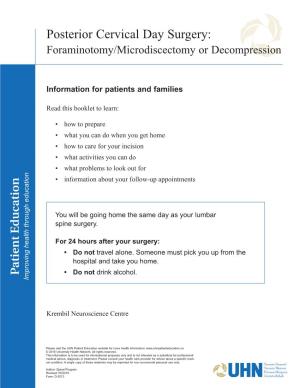 Posterior Cervical Day Surgery: Foraminotomy/Microdiscectomy Or Decompression