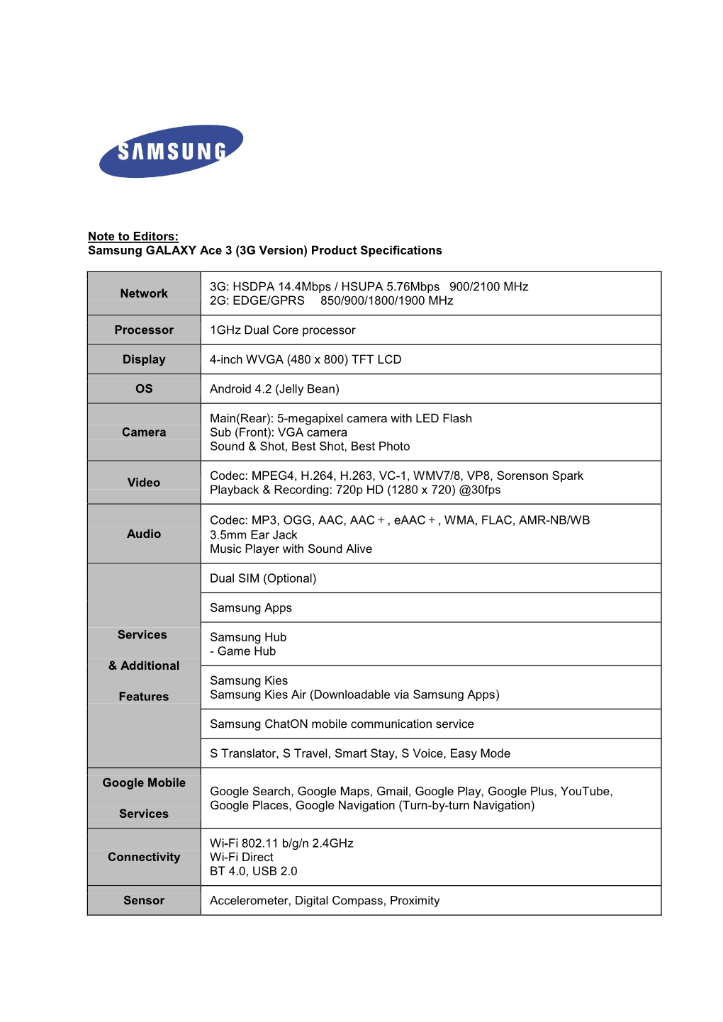 Note to Editors: Samsung GALAXY Ace 3 (3G Version) Product Specifications