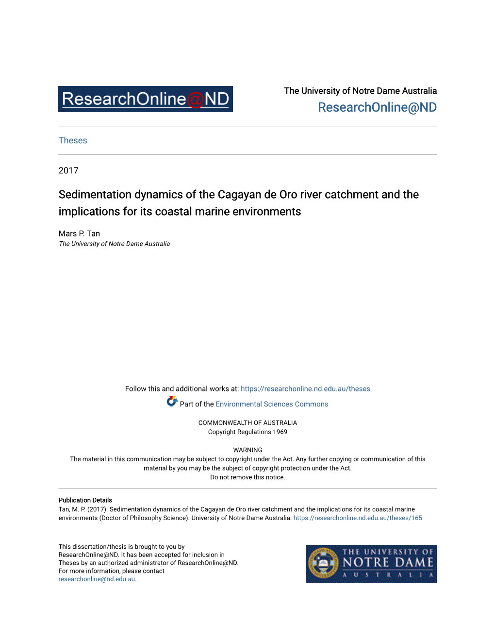 Sedimentation Dynamics of the Cagayan De Oro River Catchment and the Implications for Its Coastal Marine Environments