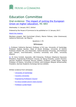 The Impact of Exiting the European Union on Higher Education, HC 683