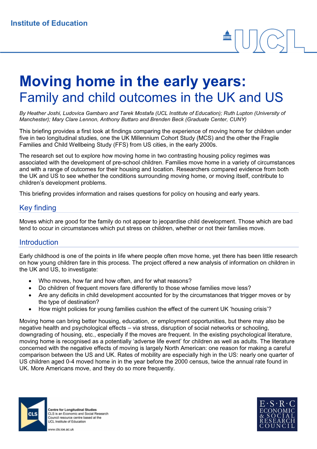 Moving Home in the Early Years: Family and Child Outcomes in the UK and US