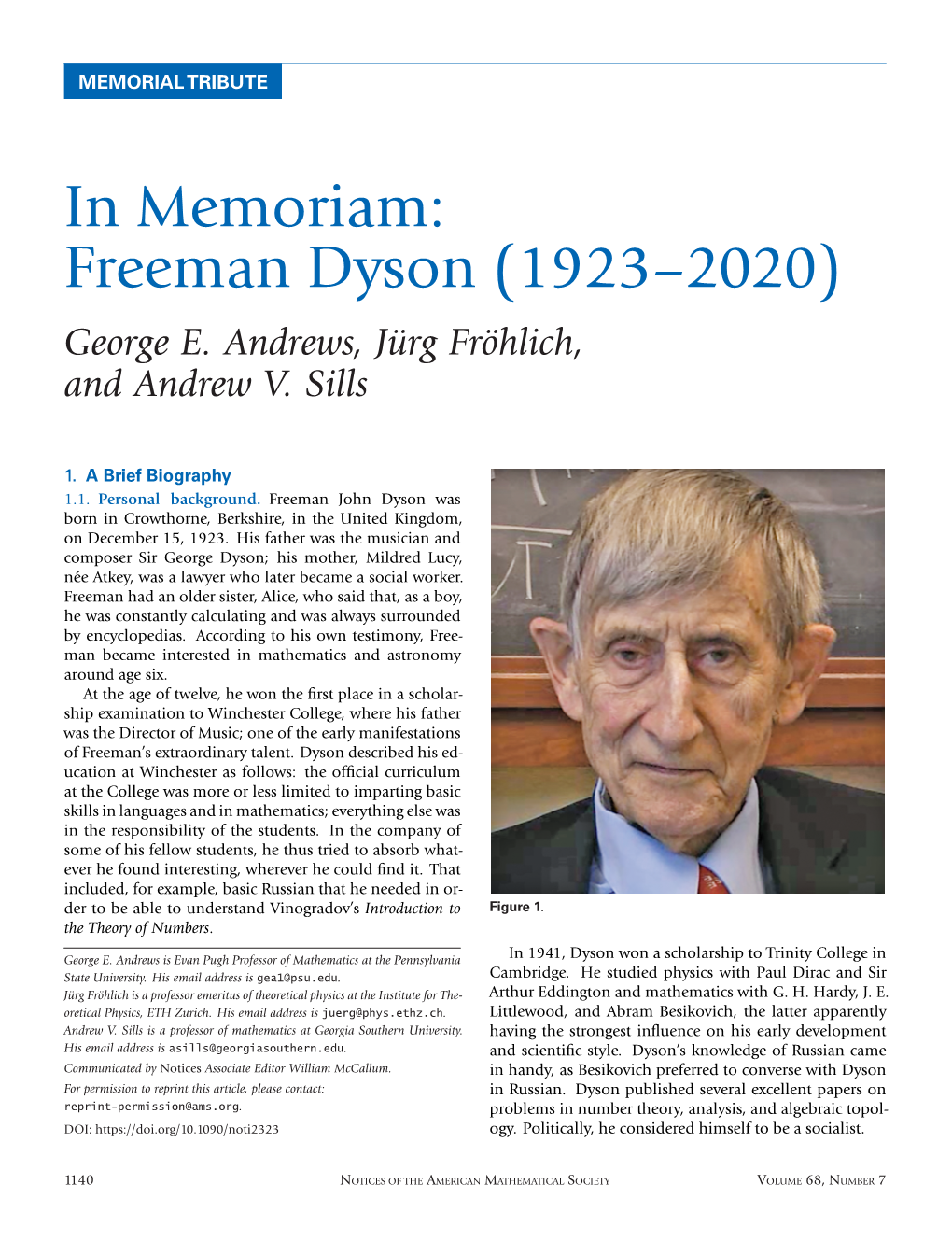 In Memoriam: Freeman Dyson (1923–2020) George E