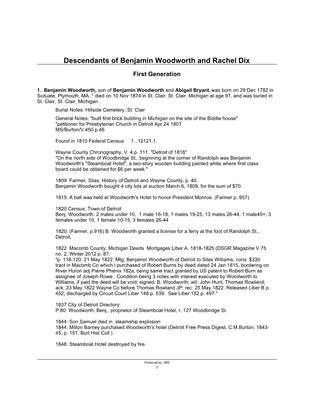 Descendants of Benjamin Woodworth and Rachel Dix