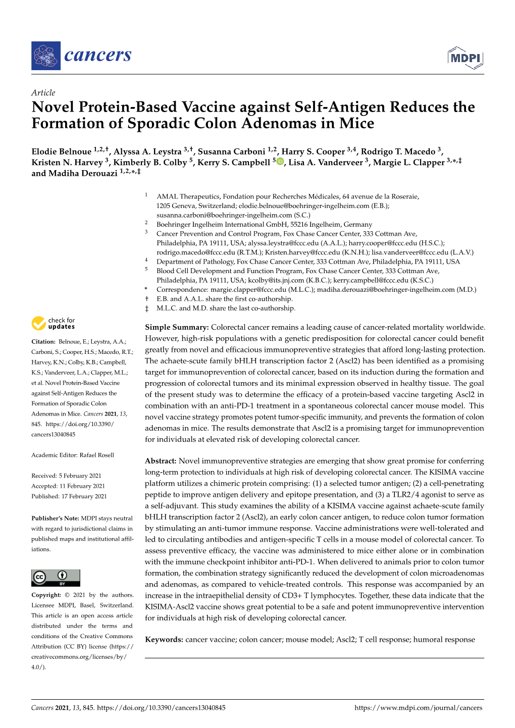 Novel Protein-Based Vaccine Against Self-Antigen Reduces the Formation of Sporadic Colon Adenomas in Mice