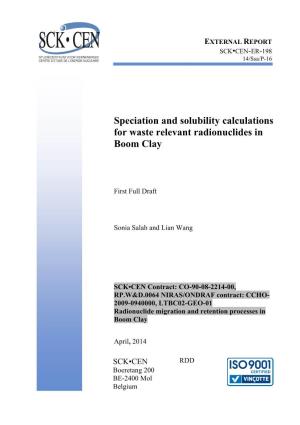 Speciation and Solubility Calculations for Waste Relevant Radionuclides in Boom Clay
