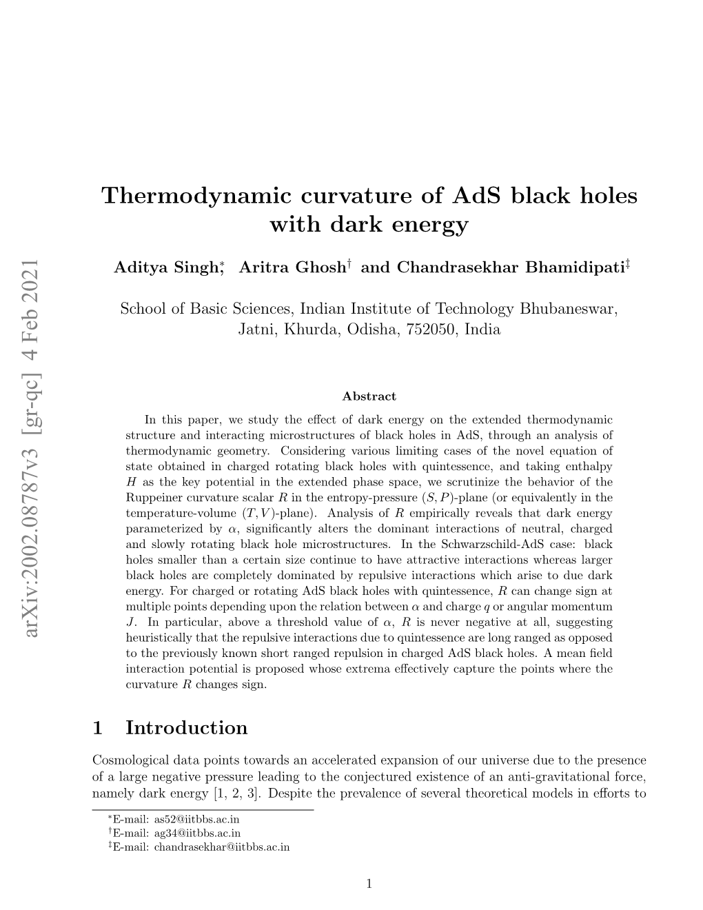 Thermodynamic Curvature of Ads Black Holes with Dark Energy Arxiv