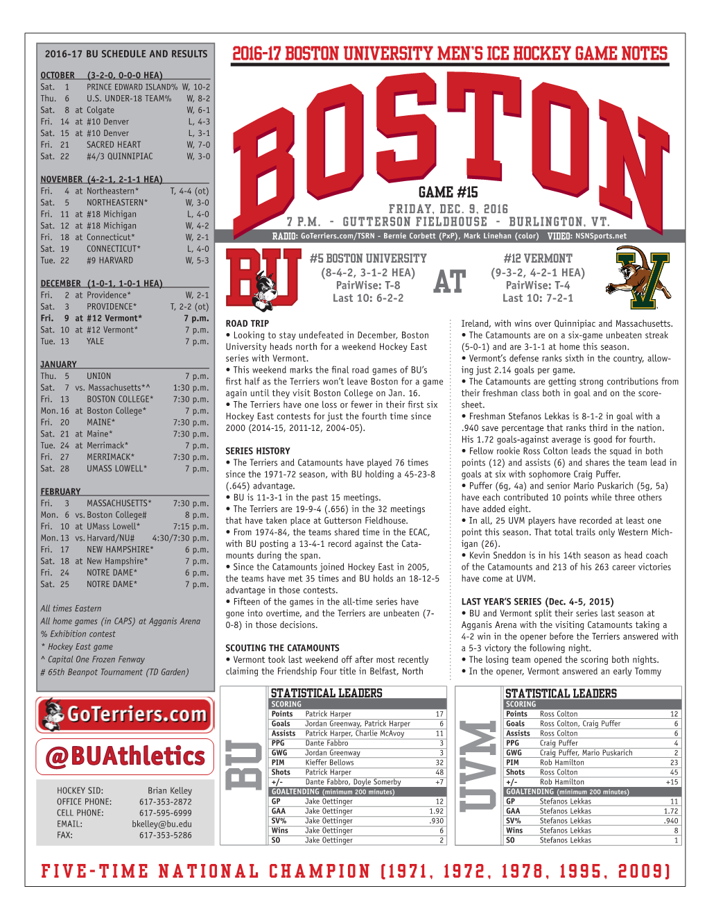 BU SCHEDULE and RESULTS 2016-17 BOSTON UNIVERSITY MEN’S ICE HOCKEY GAME NOTES OCTOBER (3-2-0, 0-0-0 HEA) Sat