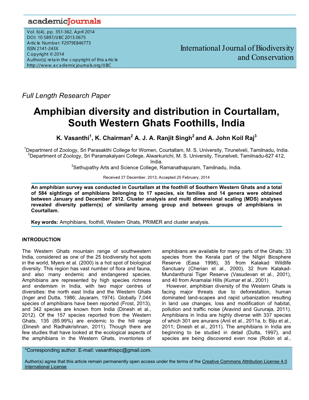 Amphibian Diversity and Distribution in Courtallam, South Western Ghats Foothills, India