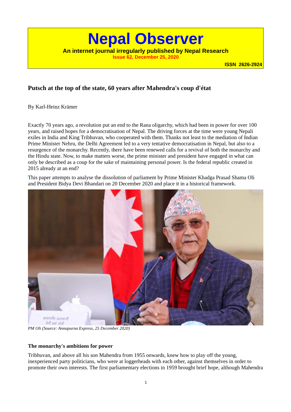 Nepal Observer an Internet Journal Irregularly Published by Nepal Research Issue 62, December 25, 2020 ISSN 2626-2924
