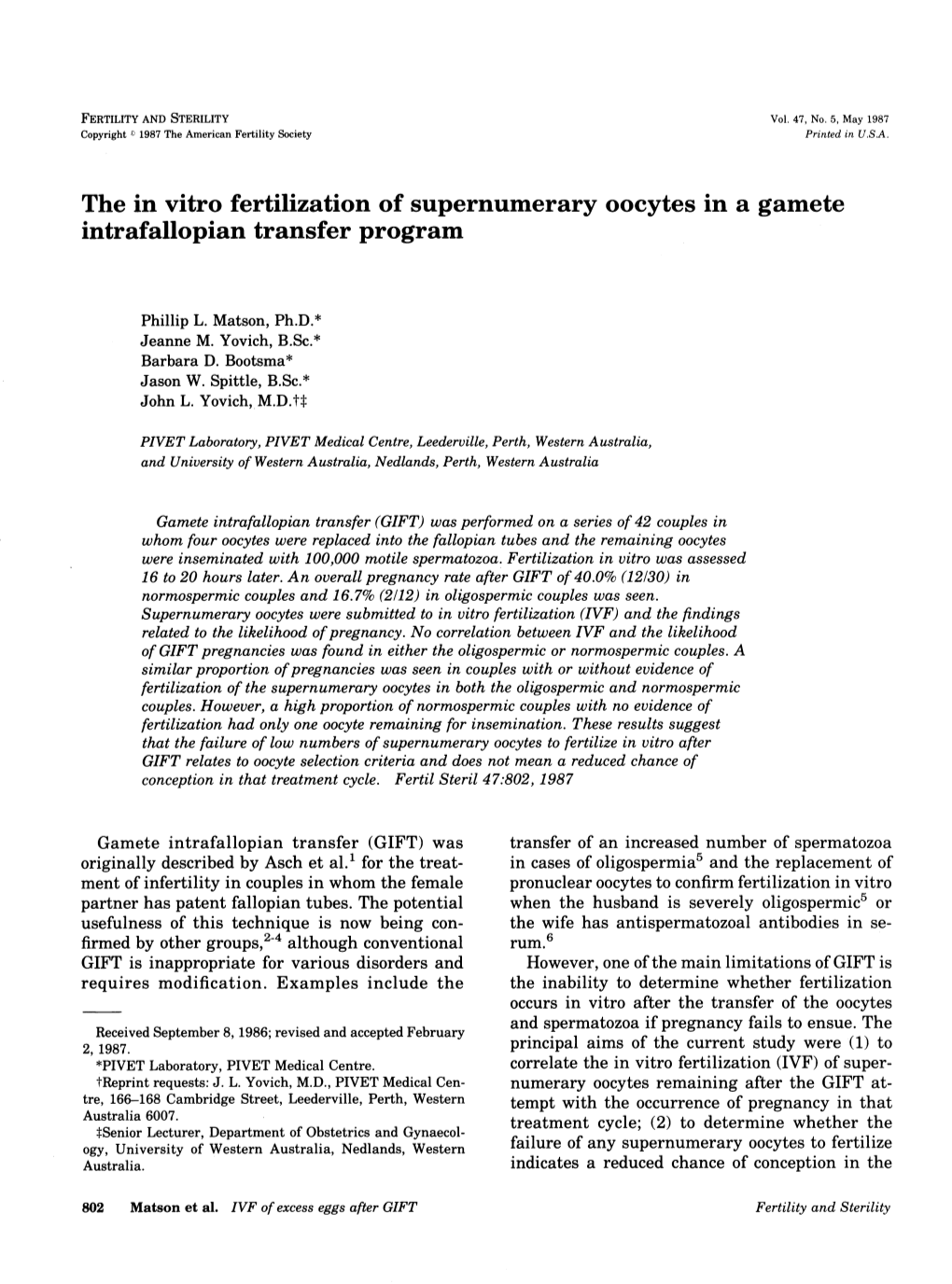 (1987) the in Vitro Fertilization of Supernumerary Oocytes in a Gamete