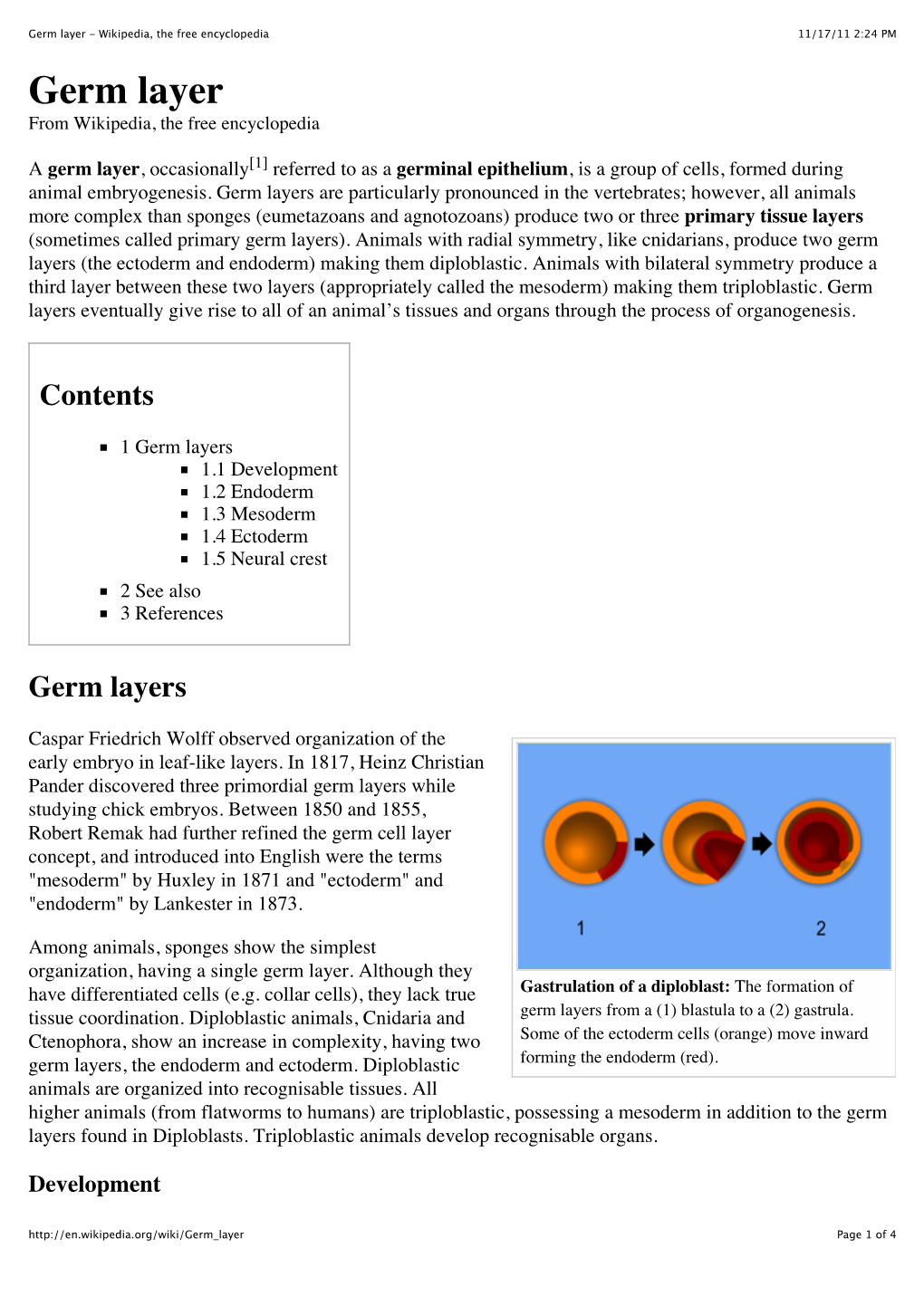 Germ Layer - Wikipedia, the Free Encyclopedia 11/17/11 2:24 PM Germ Layer from Wikipedia, the Free Encyclopedia