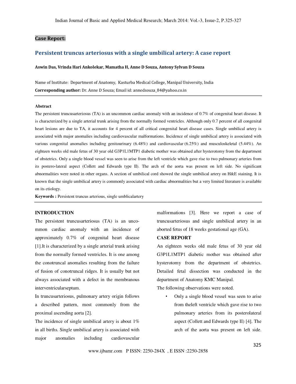 Persistent Truncus Arteriosus with a Single Umbilical Artery: a Case Report