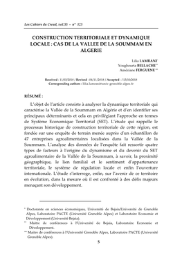 Construction Territoriale Et Dynamique Locale : Cas De La Vallee De La Soummam En Algerie