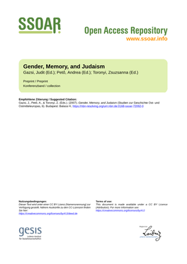 Gender, Memory, and Judaism Gazsi, Judit (Ed.); Pető, Andrea (Ed.); Toronyi, Zsuzsanna (Ed.)