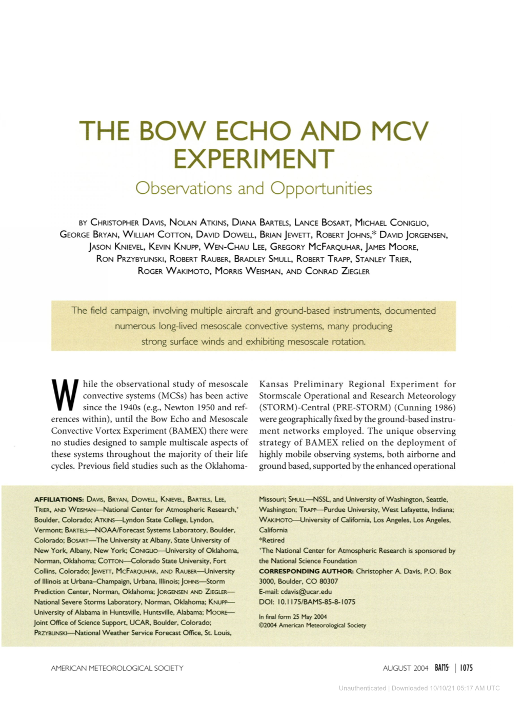THE BOW ECHO and MCV EXPERIMENT Observations and Opportunities