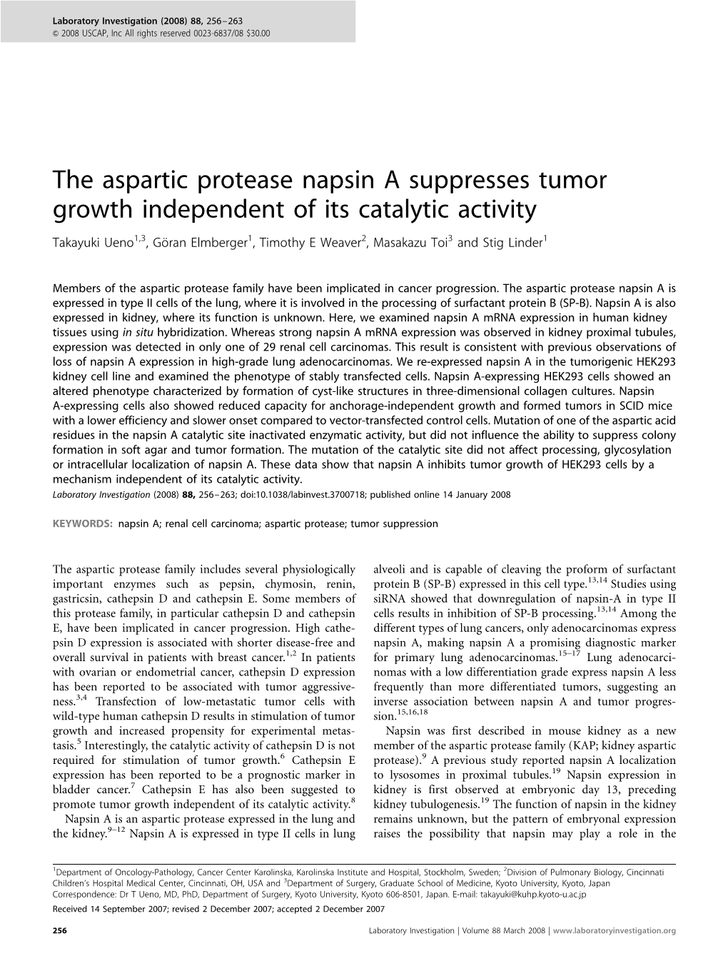 The Aspartic Protease Napsin a Suppresses Tumor Growth Independent of Its Catalytic Activity