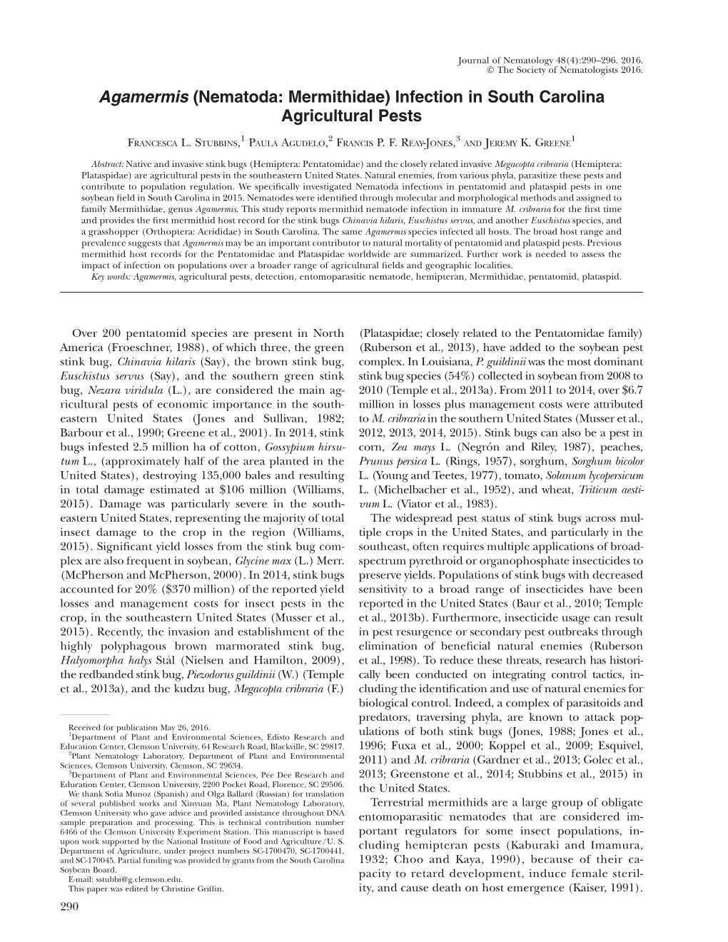 (Nematoda: Mermithidae) Infection in South Carolina Agricultural Pests