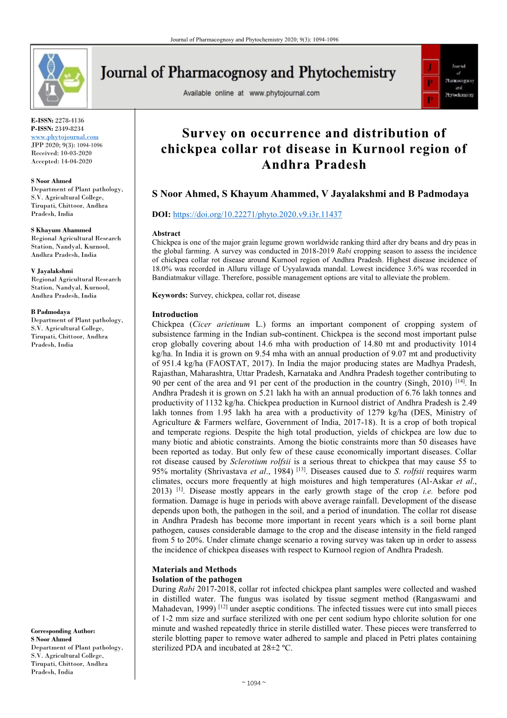 Survey on Occurrence and Distribution of Chickpea Collar Rot Disease In