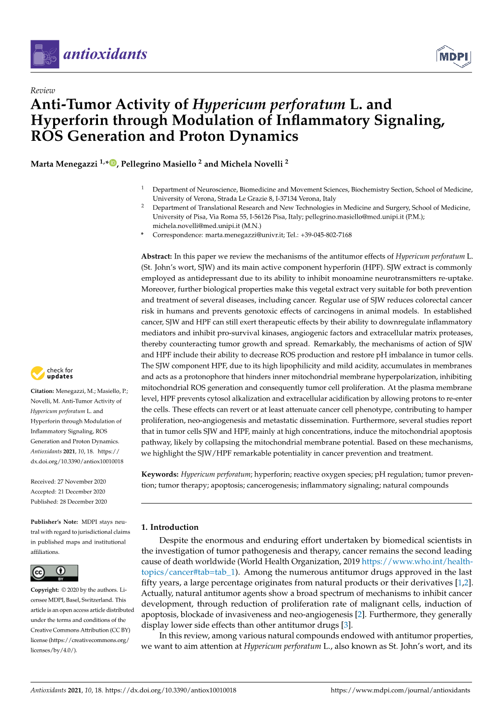 Anti-Tumor Activity of Hypericum Perforatum L. and Hyperforin Through Modulation of Inﬂammatory Signaling, ROS Generation and Proton Dynamics