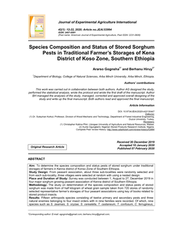 Species Composition and Status of Stored Sorghum Pests in Traditional Farmer’S Storages of Kena District of Koso Zone, Southern Ethiopia