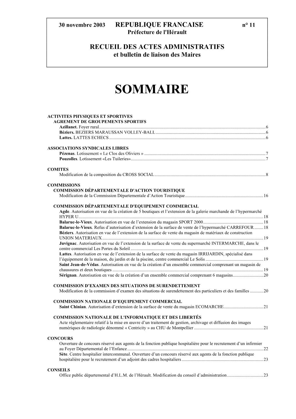 30 Novembre 2003 REPUBLIQUE FRANCAISE N° 11 Préfecture De L'hérault