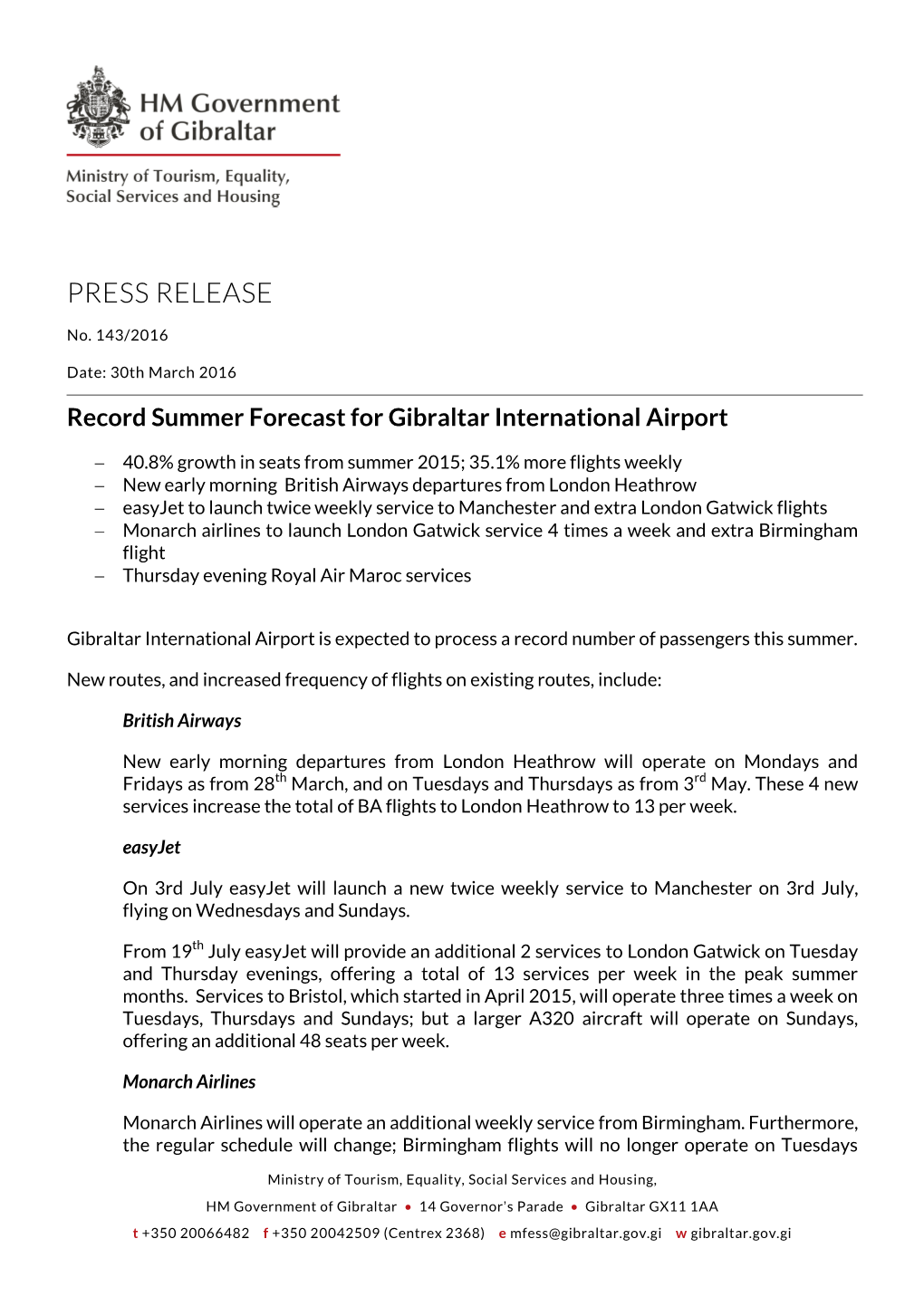 Record Summer Forecast for Gibraltar International Airport